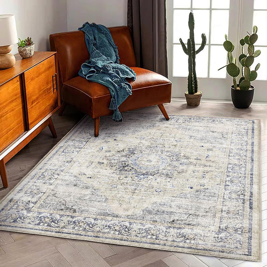 Washable Area Rug 4'x6' Floral Blue Traditional Floor Cover Foldable Thin Rugs Retro Kitchen Indoor Distressed Non Slip Carpet Floral Print Mat Bedroom Living Room