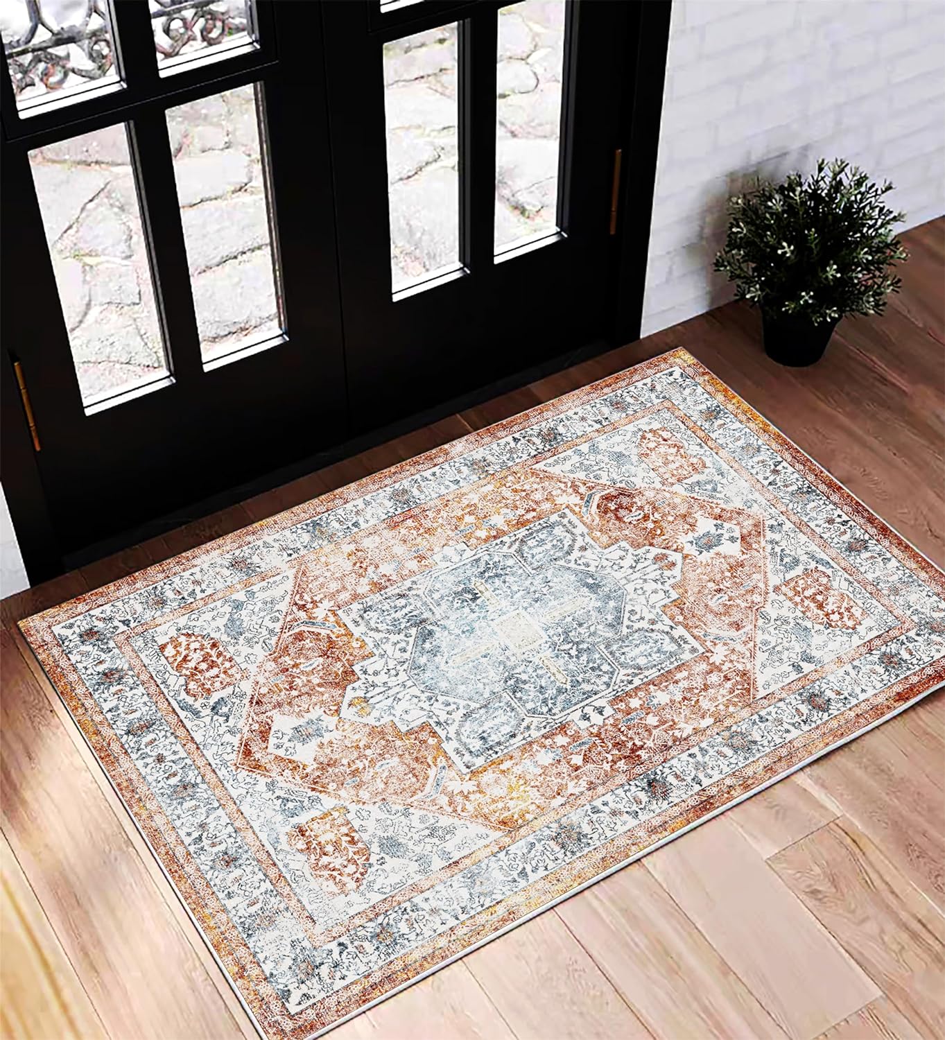 Area Rug 2x3 Washable Rug Door Mat Vintage Distressed Rug Doormat Indoor Entrance Traditional Thin Floral Print Non Slip Carpet for Kitchen Bathroom Bedroom Living Room