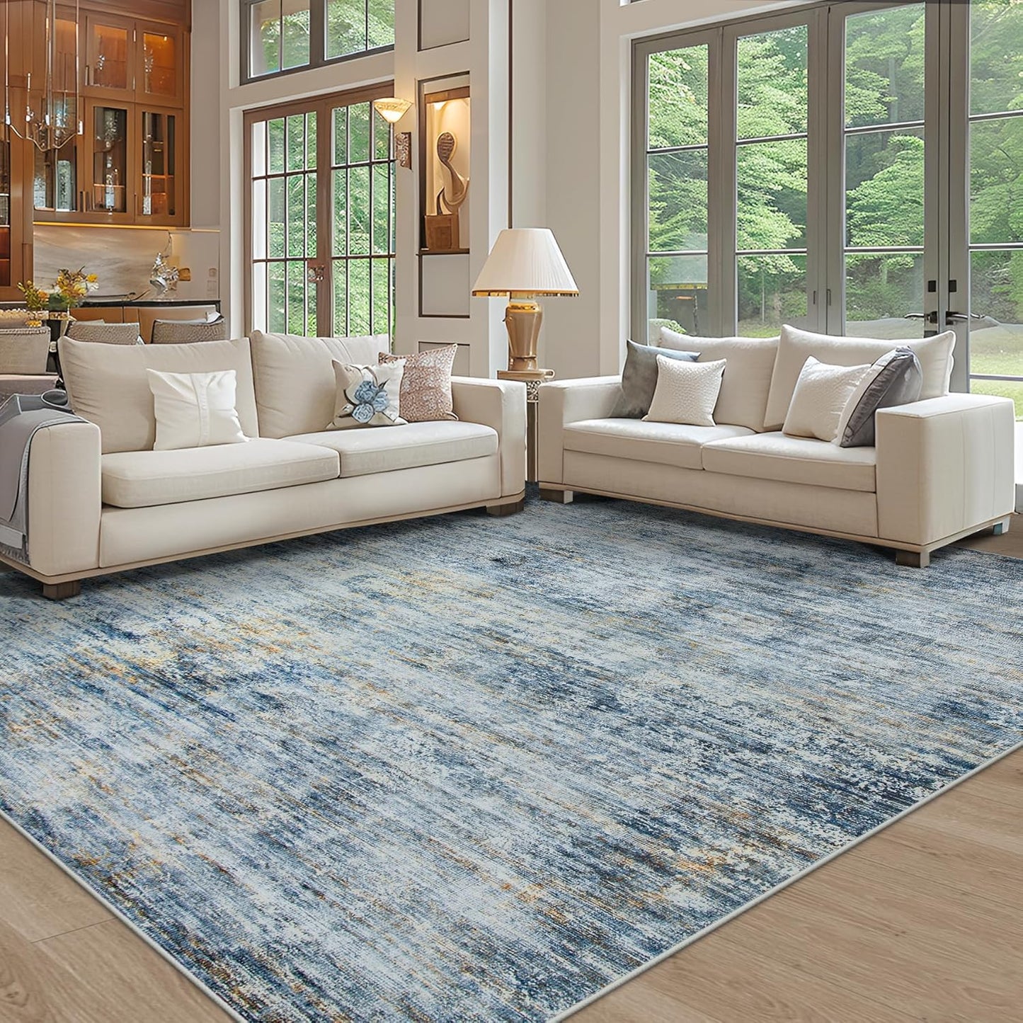 Area Rug 5x7 Living Room Rugs: Abstract Large Washable Rugs with Non-Slip Backing, Thin Carpet for Dining Room Table Bedroom Nursery Indoor Home Office-Blue/Brown