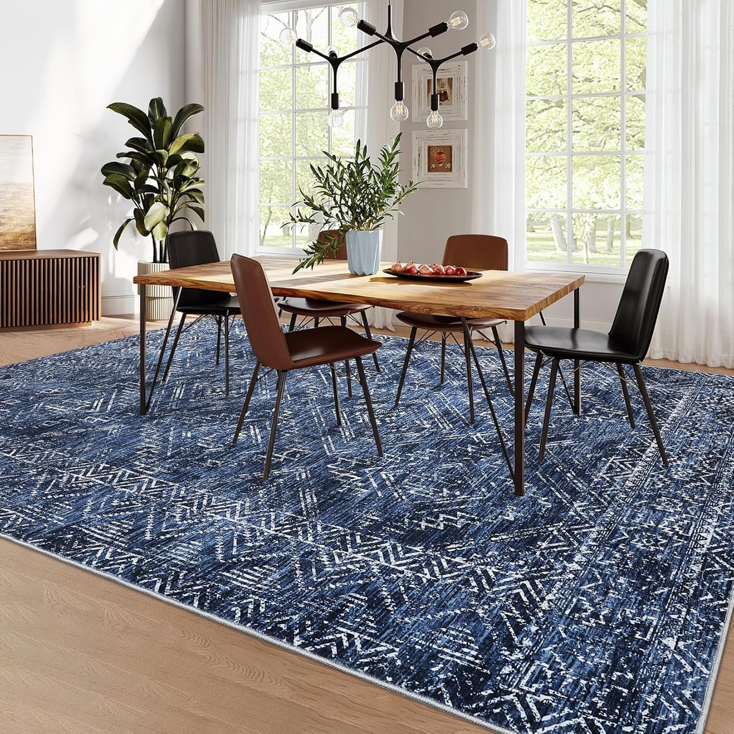 COZYLOOM 4x6 Area Rug for Living Room Bedroom Playroom Nursery Vintage Non Slip Low Pile Rug Soft Throw Floor Cover Geometric Tribal Foldable Indoor Carpet, Blue