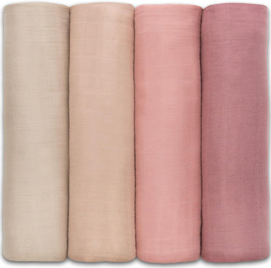 Comfy Cubs Muslin Swaddle Blankets Pack of 4, 47 x 47 Inches, Soft Cotton Baby Blanket Set, Large Multipurpose Swaddling Wraps for Newborns - Self-Soothing Swaddle - Cream, Blush, Bold Blush, Mauve