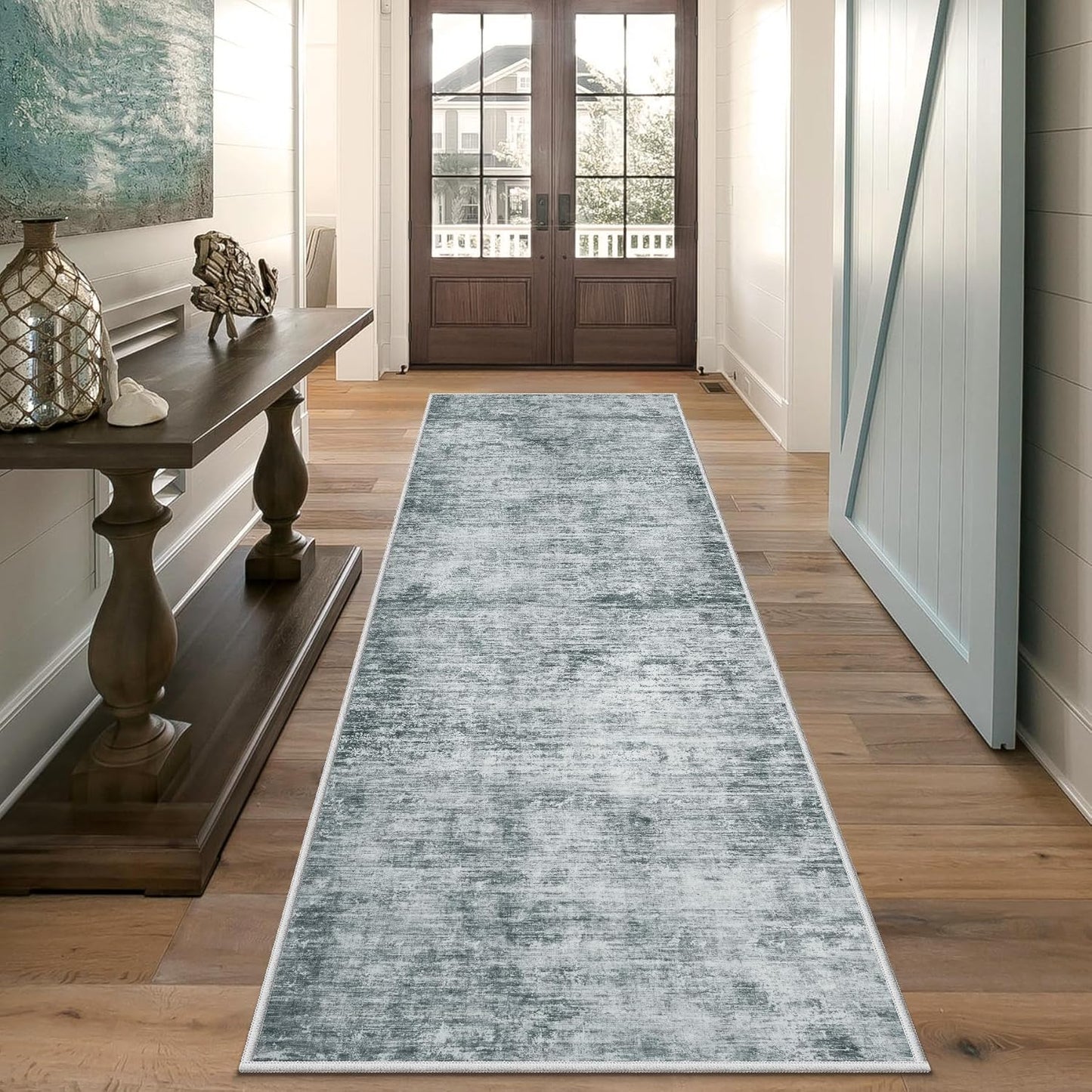 Runner Rug 2'6''x8' Washable: Modern Abstract Kitchen Rug With Non-Slip Backing, Thin Long Carpet for Hallway, Bedroom, Laundry Room-Black