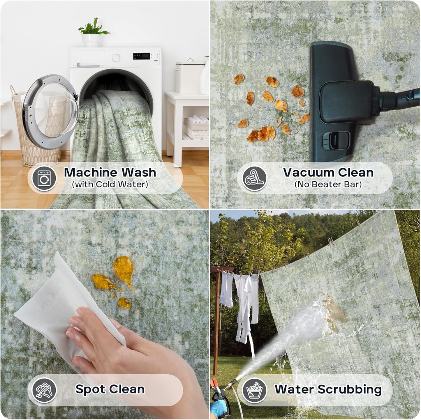 Runner Rug for Hallways Kitchen 2'6"x8' Washable, Non Slip Carpet 8ft Area Rugs Entryway Rubber Backed 8 Feet Neutral Abstract Modern Low Pile Indoor Green