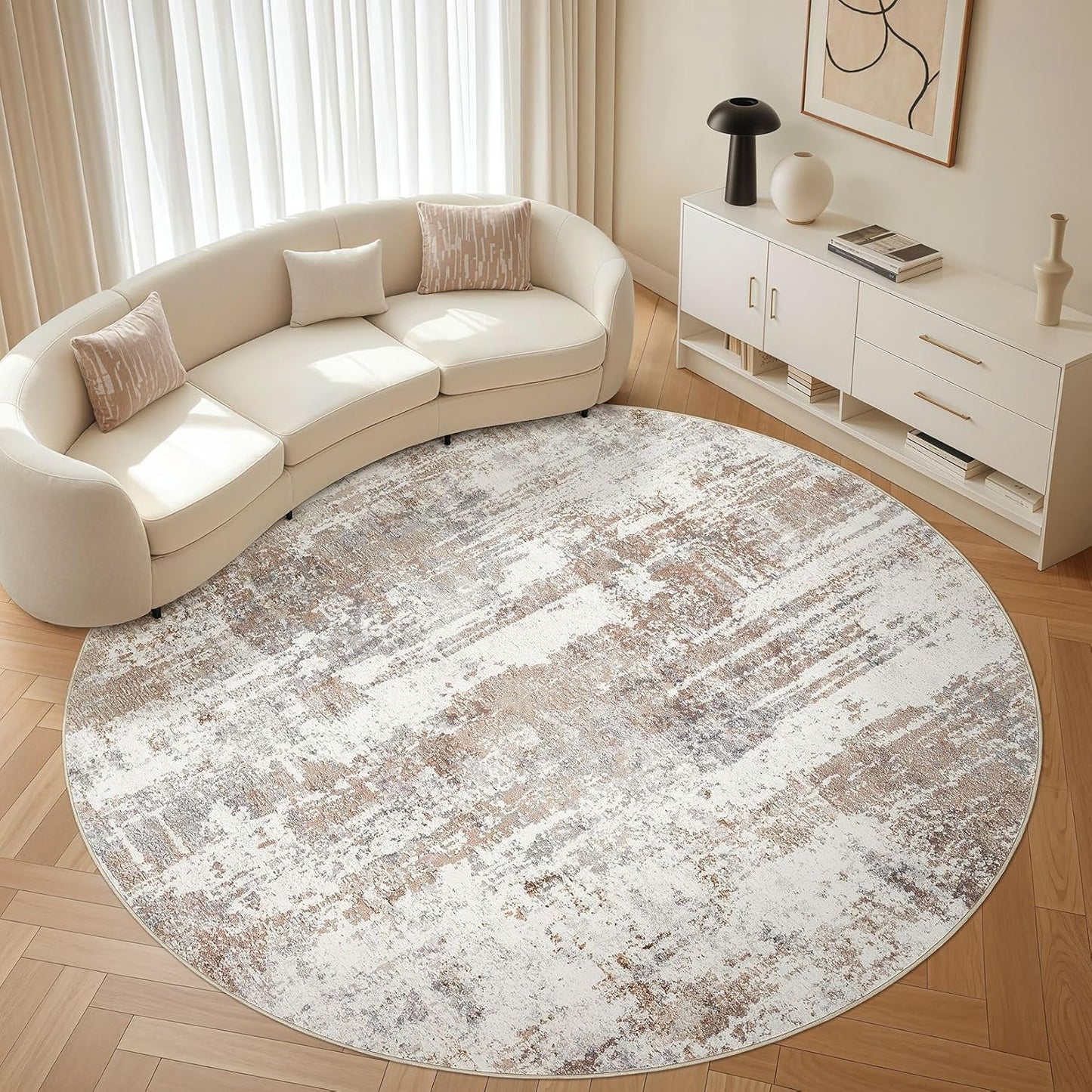 Round Rug Living Room Rugs: 8Ft Washable Circle Large Abstract Modern Soft Stain Resistant Non Slip Indoor Floor Carpet for Bedroom Nursery Office Dining Room Dorm Home House Decor- Brown