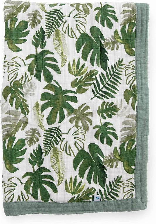 Little Unicorn Newborn Receiving Quilt | Ultra- Soft, Multi-Layered Muslin Fabric | Gift for Newborns & on-The-go (Tropical Leaf)