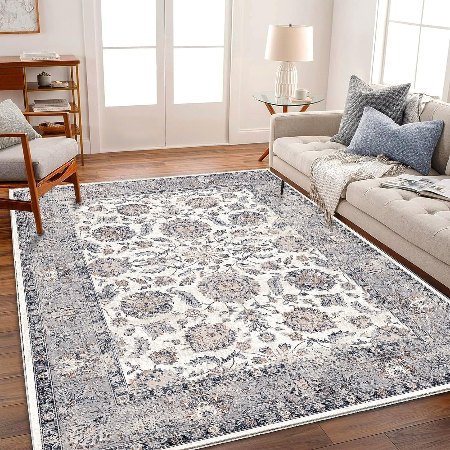 Washable Area Rug 5x7 Retro Boho Chic Medallion Distressed Design Living Room Indoor Non-Slip Large Oriental Accent Throw Rug for Kitchen Bedroom Office Carpet