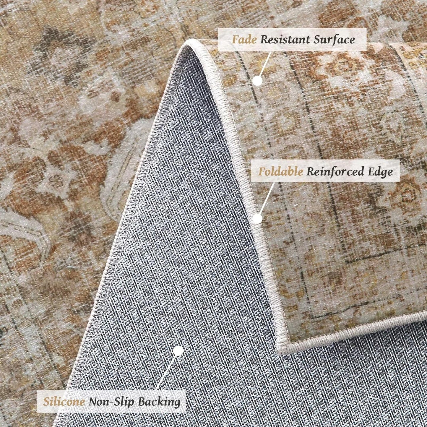 Washable 10x14 Area Rugs for Living Room, Boho Non-Slip Silicone Backing Rugs for Bedroom Dining Room Office, 0.3" Neutral Oriental Throw Carpet with 0.16" Cushioning Pad, Brown/Multi