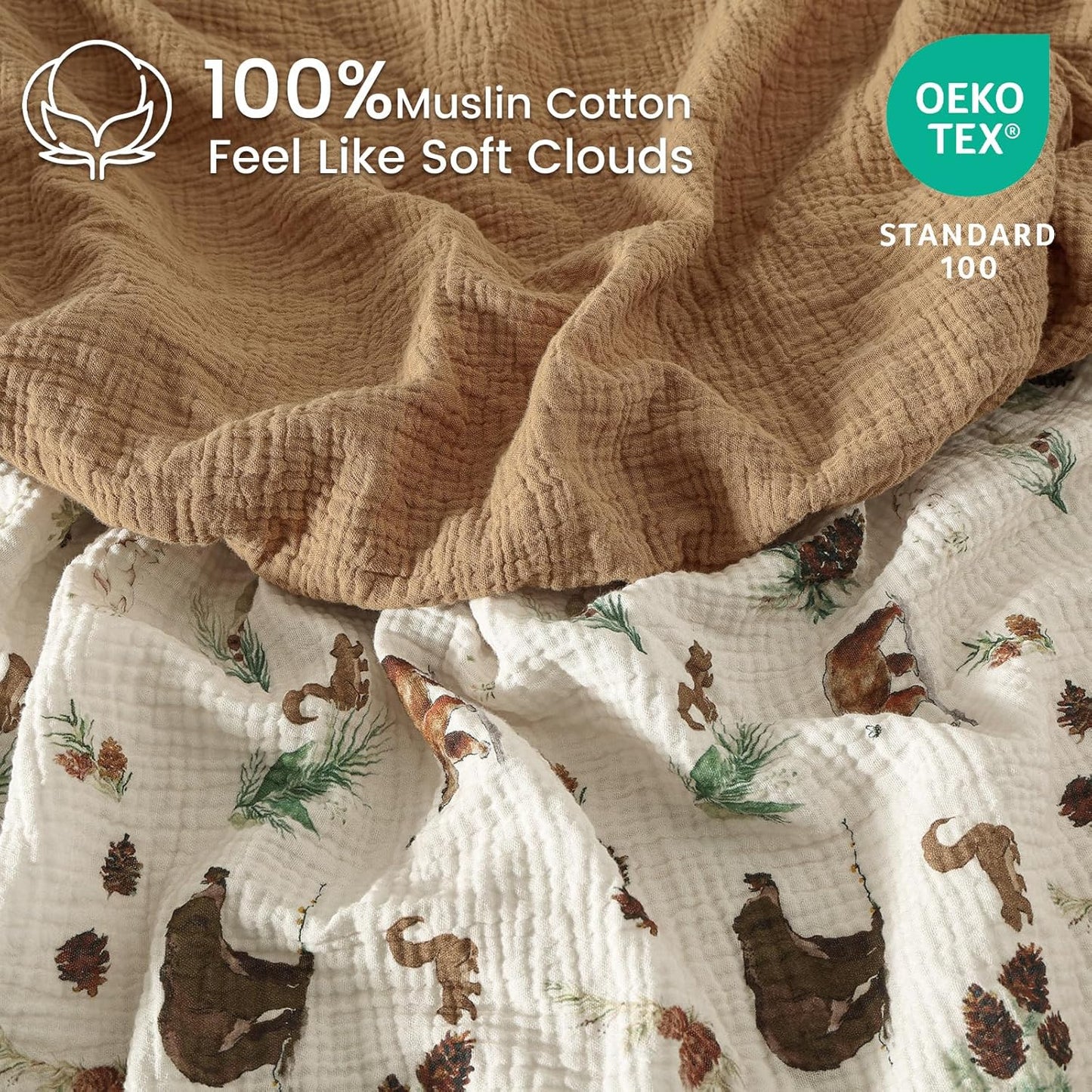 david's kids Muslin Crib Sheets for Boys Girls, 2 Pack 100% Cotton Soft Breathable Fitted Baby Sheet Set, 28x52 Inch Fits Standard Crib and Toddler Mattresses, Woodland Animal