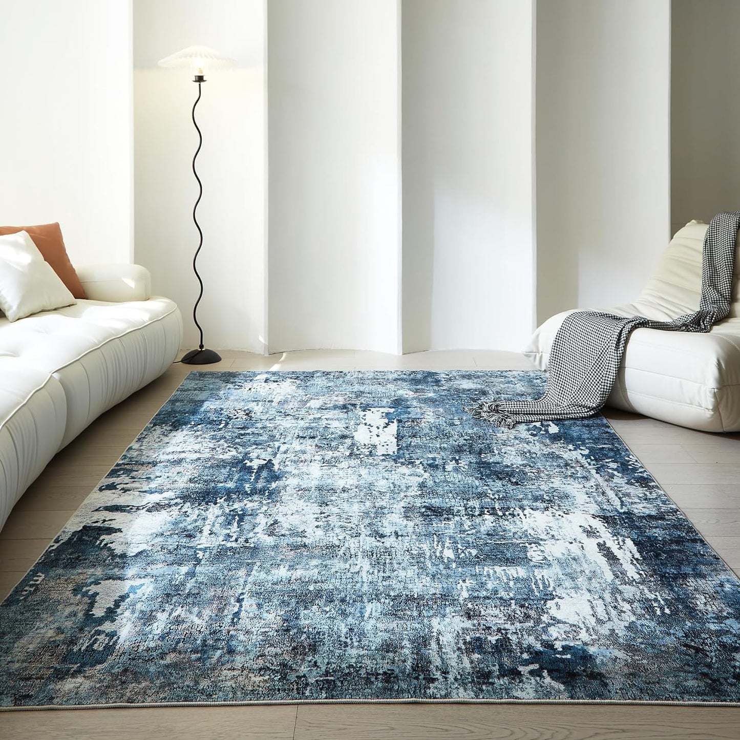 6x9 Rug Washable Bedroom Rug Large Boho Rug Soft Area Rug Abstract Pattern Non-Slip Non-Shedding Faux Wool Vintage Rug for Living Room, Farmhouse, Dining Room, Kids Playroom, Blue