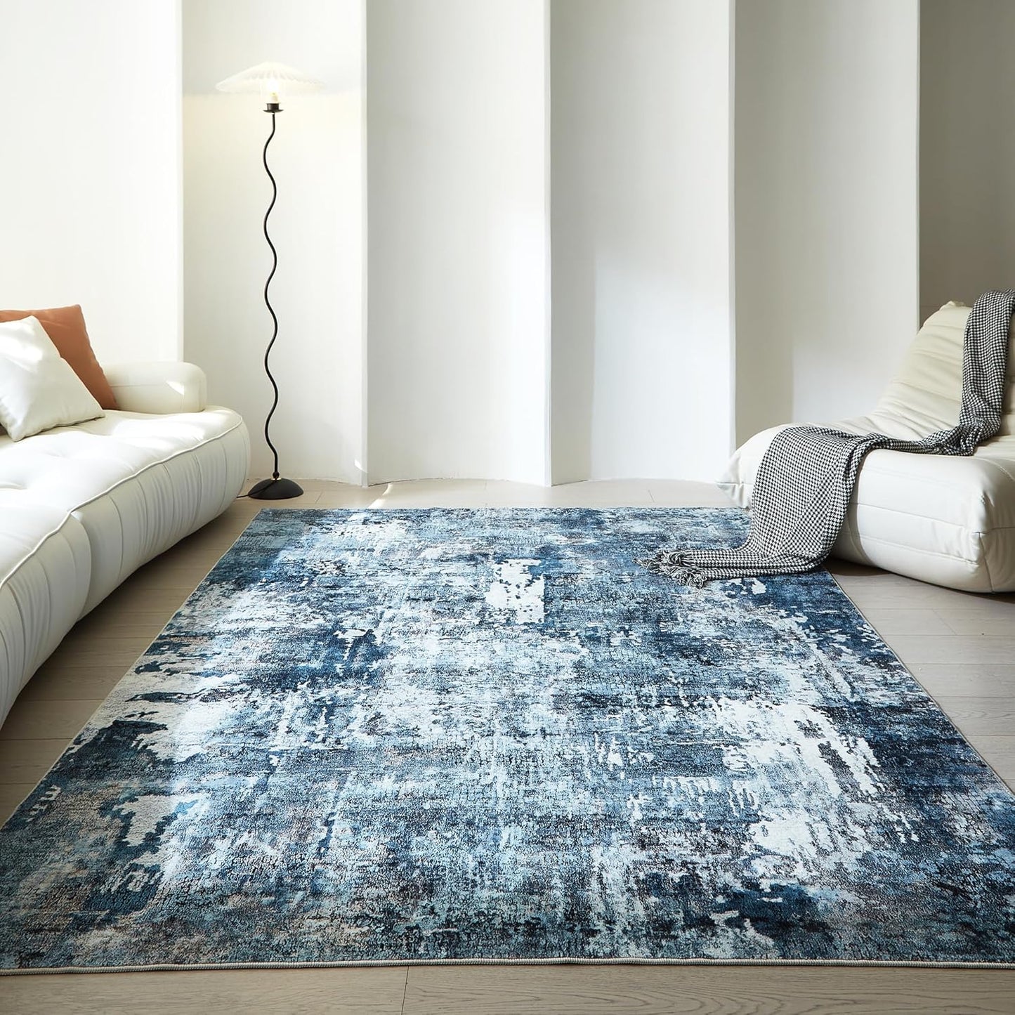 Area Rug 5x7 Washable Rug Boho Soft Abstract Pattern Non-Slip Non-Shedding Faux Wool Vintage for Living Room, Bedroom, Farmhouse, Dining Room, Indoor, Kids Playroom, Blue