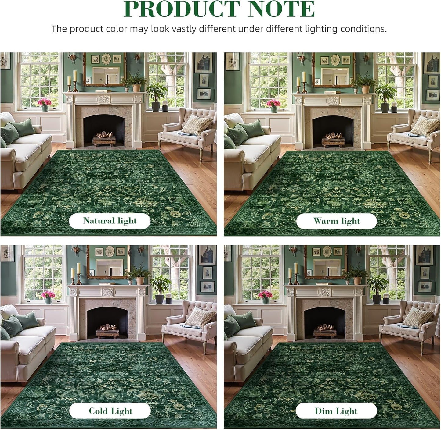 Deerly Dark Green Area Rugs 9x12 for Living Room Soft Non-Slip, Large Bedroom Rug Vintage Dining Room Rug Tribal Farmhouse Carpet for Dining Room Office Green