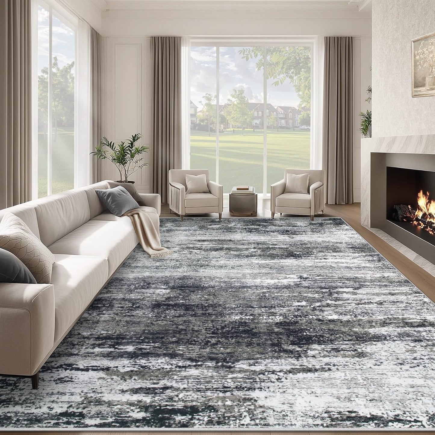 Washable Rug 8x10 Area Rugs for Living Room: Large Neutral Soft Rug Abstract Non Slip Low Pile Modern Carpet for Bedroom Kitchen Nursery Office Dining Room Indoor (Black, 8'x10')