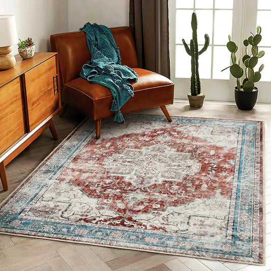 3'x5' Vintage Red Blue Washable Thin Area Rug Traditional Floor Cover Foldable Indoor Distressed Non Slip Carpet Floral Print Mat Bedroom Living Room Bathroom