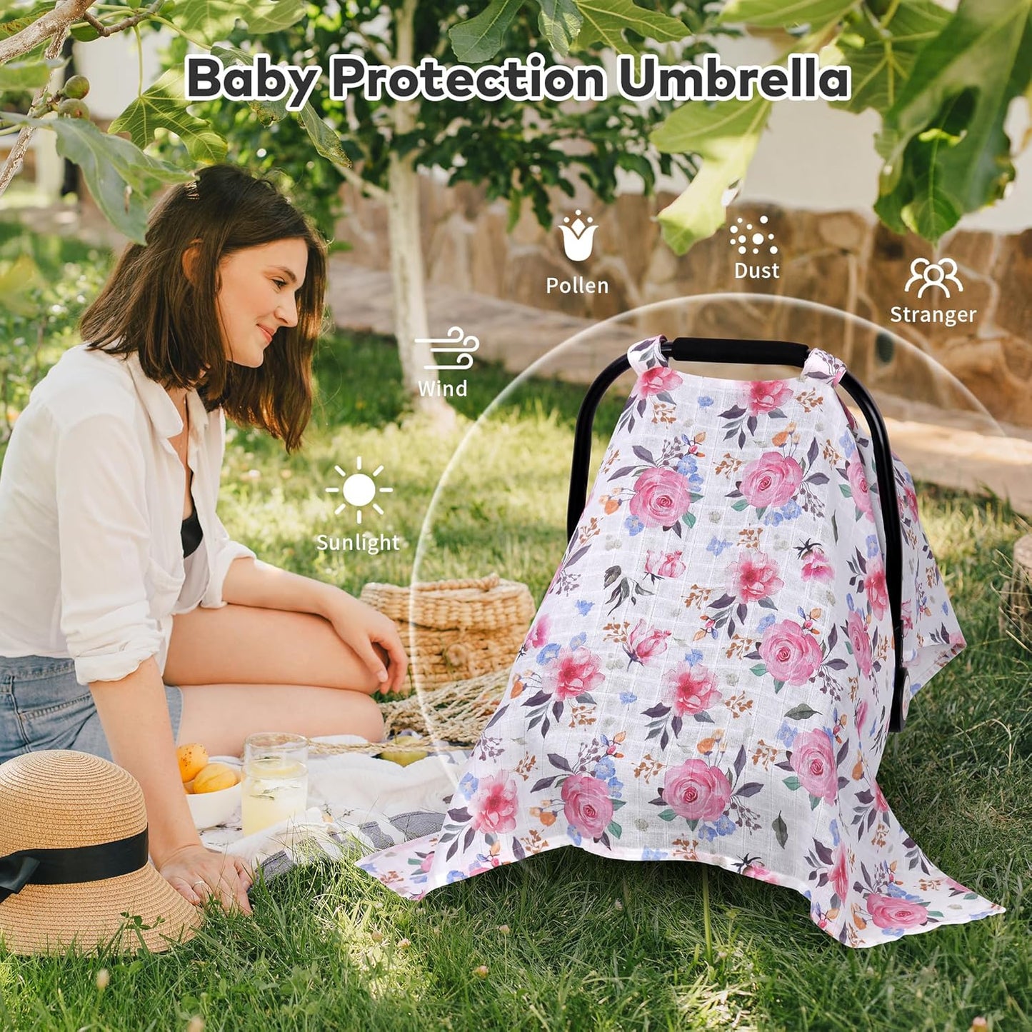 Rquite Muslin Car Seat Cover Baby, Carseat Covers Baby Girl Boy, Breathable Lightweight Infant Car Seat Cover, Baby Carrier Cover Car Seat Canopy Stroller Sun Shade for Summer & Hot Day, Universal Fit