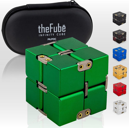 PILPOC theFube Infinity Cube Fidget Desk Toy - Aluminum Infinite Magic Cube with Case, Sturdy, Heavy, Relieve Stress and Anxiety, for ADD, ADHD, OCD (Green)