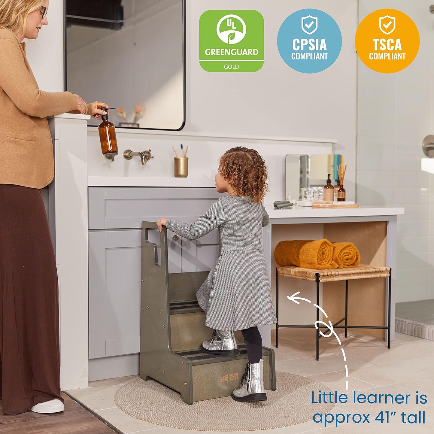 ECR4Kids Reach-Up Step Stool with Handles, Kids Furniture, Grey Wash