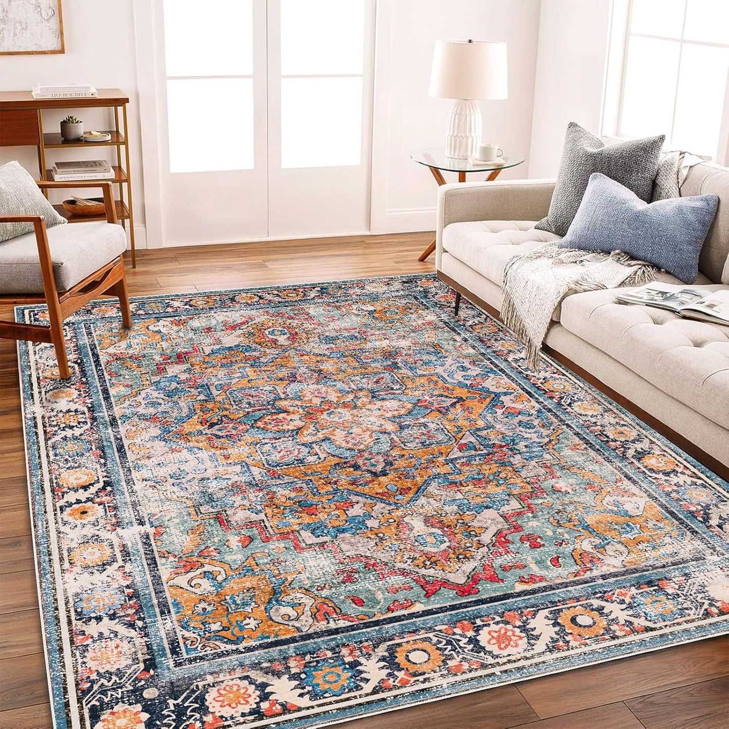 Washable Area Rug 3'x5' Rugs for Living Room Retro Flowers Machine Non-Slip Bedroom Vintage Trellis Distressed Carpet for Dining Room Office