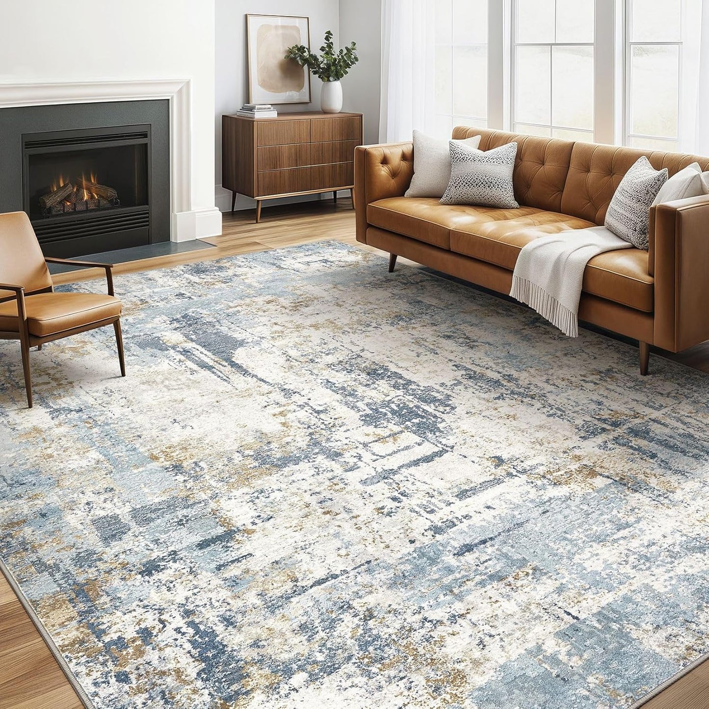 5x7 Area Rugs Washable Rug: Living Room Large Abstract Modern Soft Stain Resistant Indoor Floor Non Slip Accent Carpet for Bedroom Nursery Playroom Dining Room Office Dorm Home- Light Blue