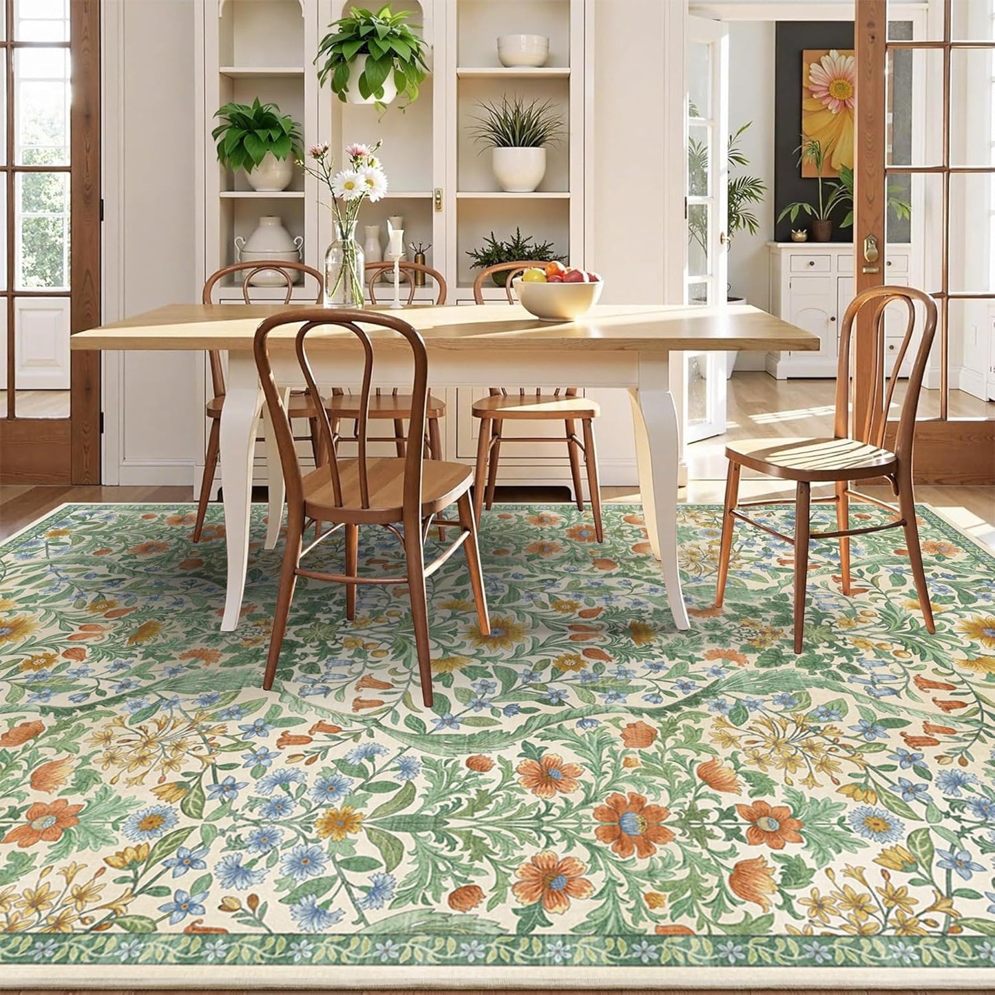 5×7 Grass Green Washable Floral Area Rug,Vintage Boho Soft Low-Pile Living Room Rugs, Stain Resistant Botanical Non-Slip Carpet for Bedroom,Dining Room, Kids Nursery,Home Decor