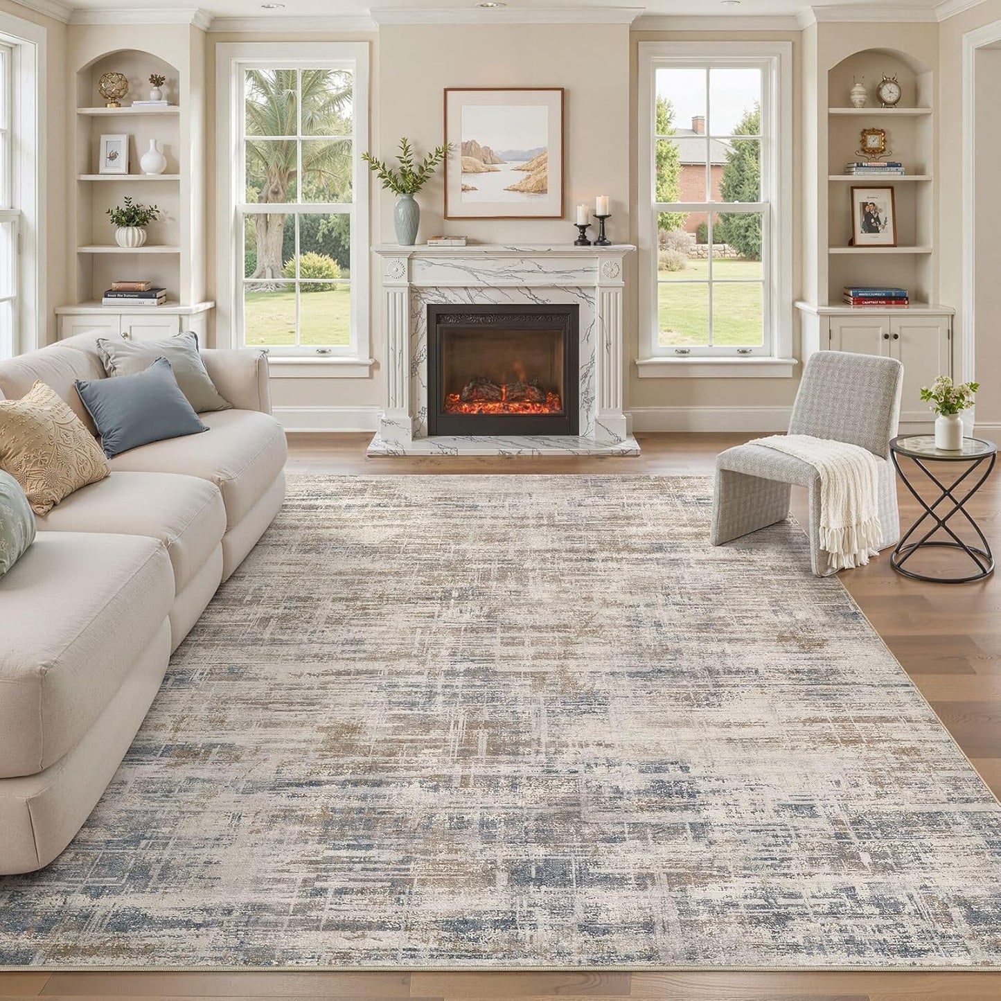 Area Rug for Living Room: 12x15 Washable Neutral Abstract Modern Soft Rugs Non Slip Indoor Floor Stain Resistant Large Carpet for Bedroom Dining Room Office Nursery - Brown
