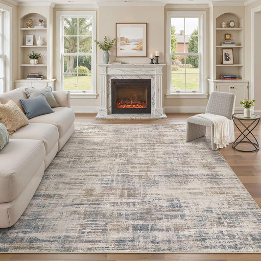 Area Rug for Living Room: 10x12 Washable Neutral Abstract Modern Soft Rugs Non Slip Indoor Floor Stain Resistant Large Carpet for Bedroom Dining Room Office Nursery - Brown