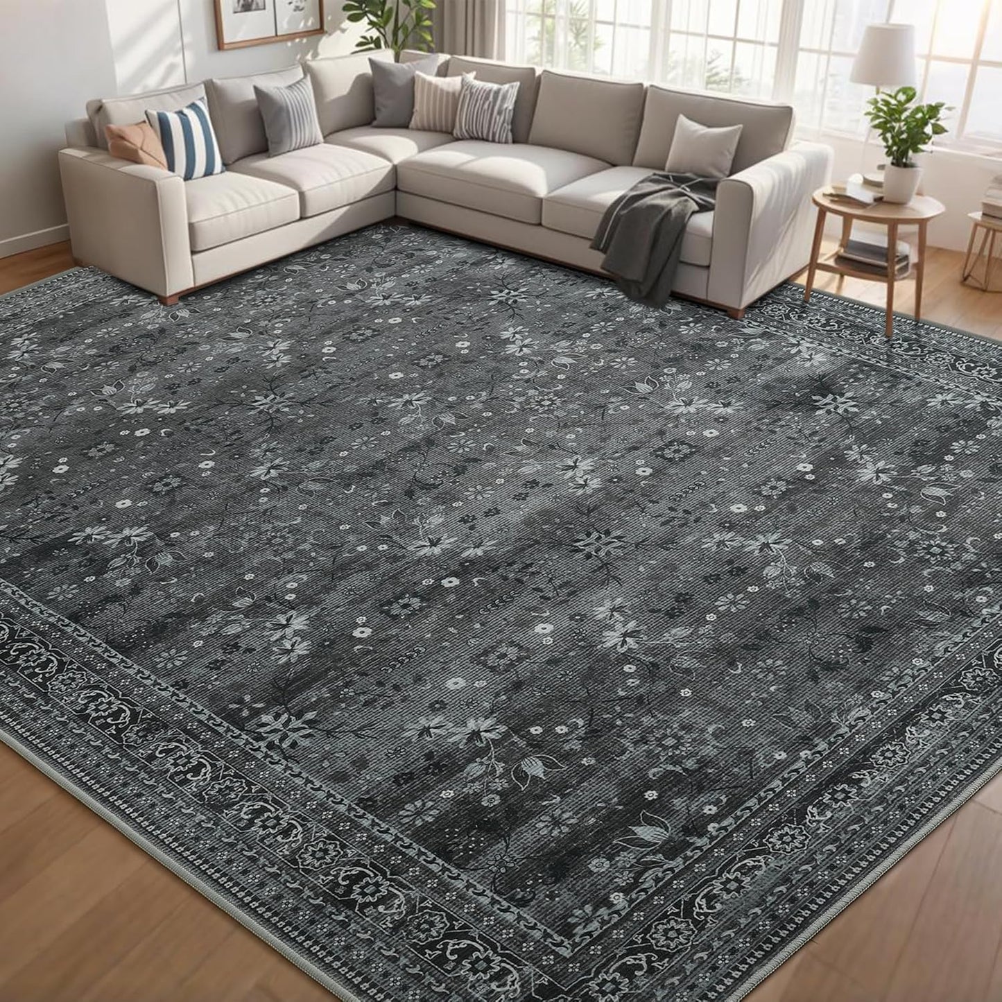 Large 8x10 Washable Area Rug for Living Room, No Shedding Vintage Floral Rugs Non Slip, Indoor Thin Retro Accent Carpet for High Traffic Areas Bedroom Farmhouse Dining Room Black/Gray