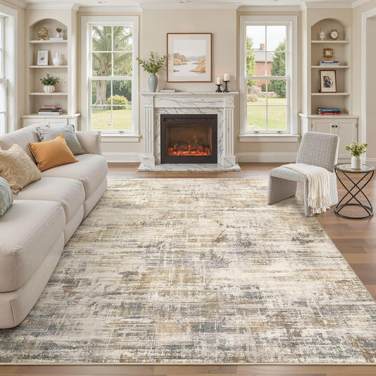Area Rug for Living Room: 9x12 Washable Neutral Abstract Modern Soft Rugs Non Slip Indoor Floor Stain Resistant Large Carpet for Bedroom Dining Room Office Nursery - Golden Brown