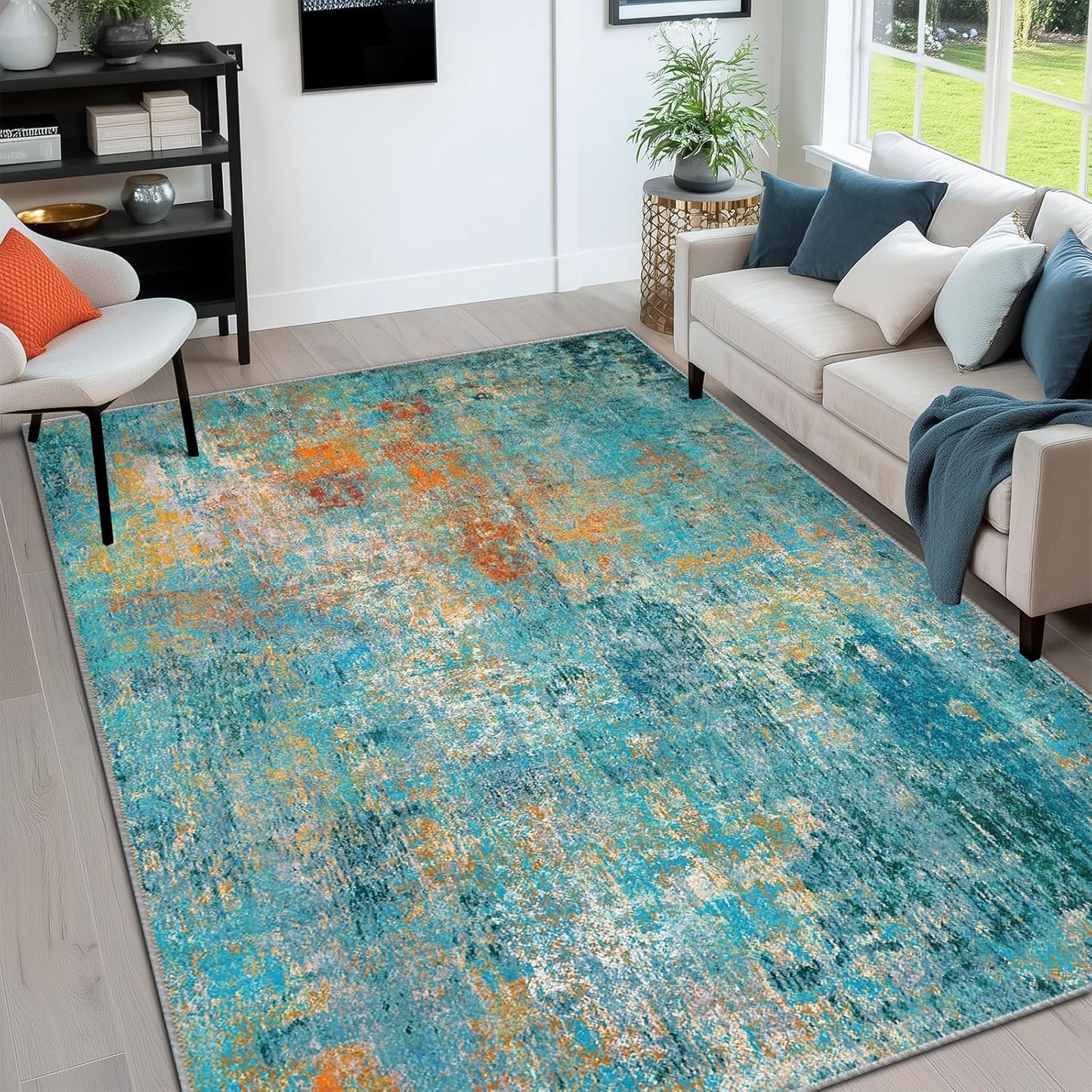 Washable Area Rugs 6'x9' Non-Slip Modern Abstract Soft for Living Room Entryway Bedroom Nursery, Print Pattern, Teal Blue Green Orange Rust Red Colorful