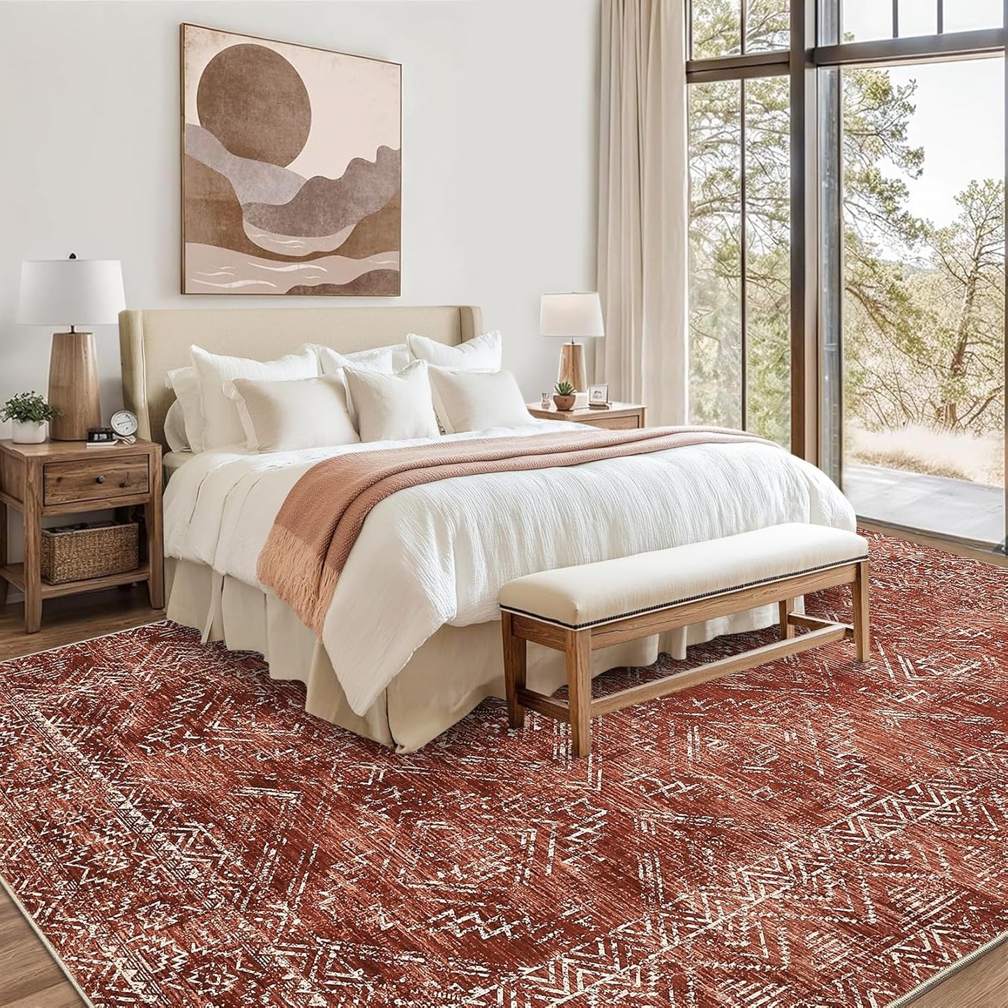 COZYLOOM 5x7 Area Rug for Bedroom Machine Washable Area Rugs Modern Abstract Carpet with Non Slip Backing Geometric Stain Resistant Foldable Indoor Mats for Living Room, Dining Room, Red