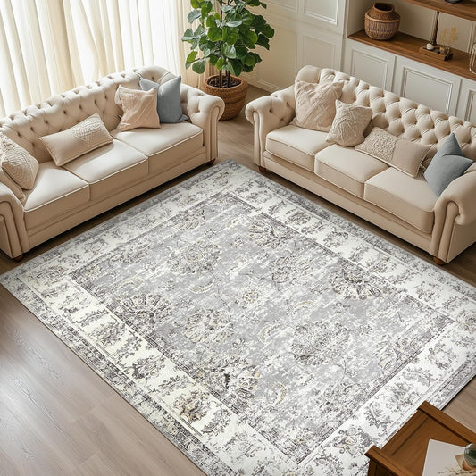 jinchan Vintage Floral 6x9 Area Rugs for Living Room - Machine Washable Distressed Design Stain Resistant Boho Carpet Ultra-Thin Low Pile Non-Slip Rug for Bedroom Dining Room Home Office (6‘x9',Grey)