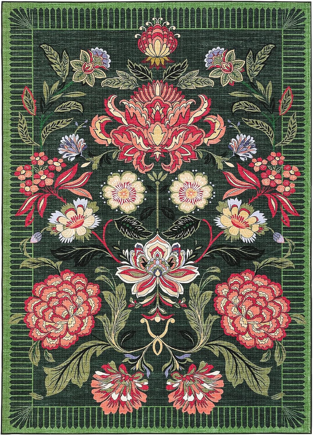 GarveeHome Forest Green Floral Botanical Washable 9x12 Rug for Living Room Soft Vintage Boho Cottage Large Rugs Low-Pile Carpet for Bedroom Dining Nursery Rug