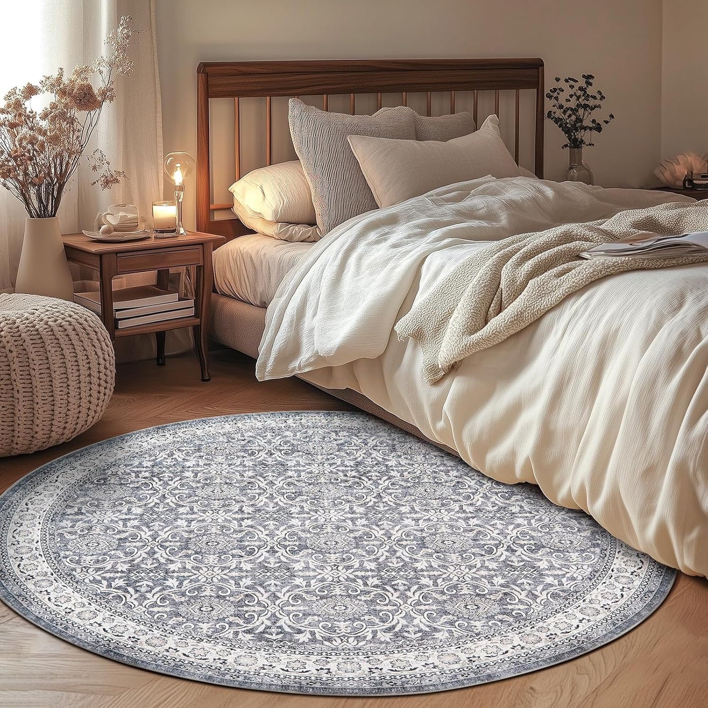 jinchan Round Rug 4ft Washable Circle Soft Rug - Low Pile Vintage 4'Round Indoor Grey Floral Print Stain Resistant Boho Carpet Ultra-Thin Non-Slip for Entryway Nursery Bedroom Dining Room Kitchen
