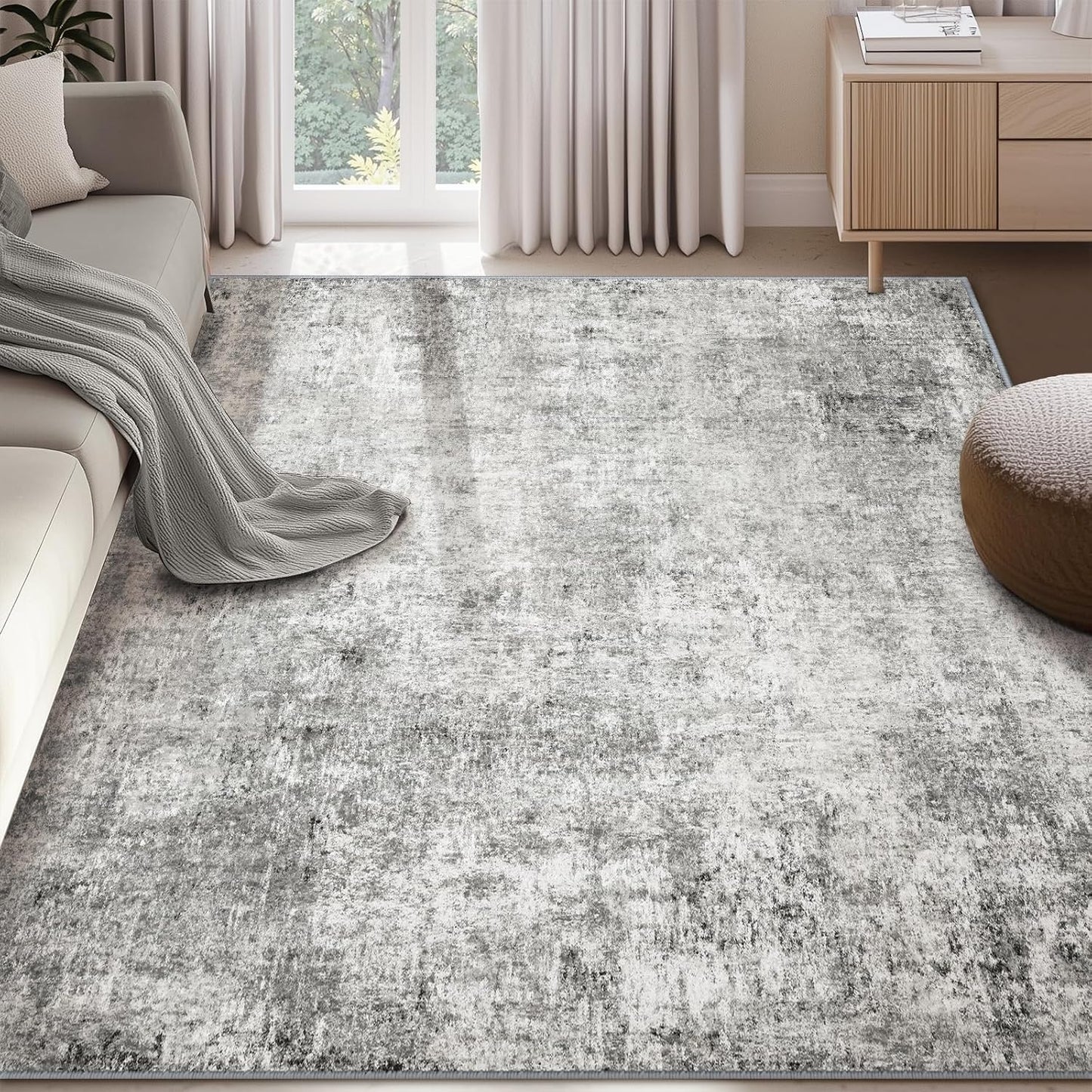 Washable Area Rugs 8'x10' Non-Slip Modern Abstract Soft for Living Room Entryway Bedroom Nursery, Print Pattern, Gray White Grey