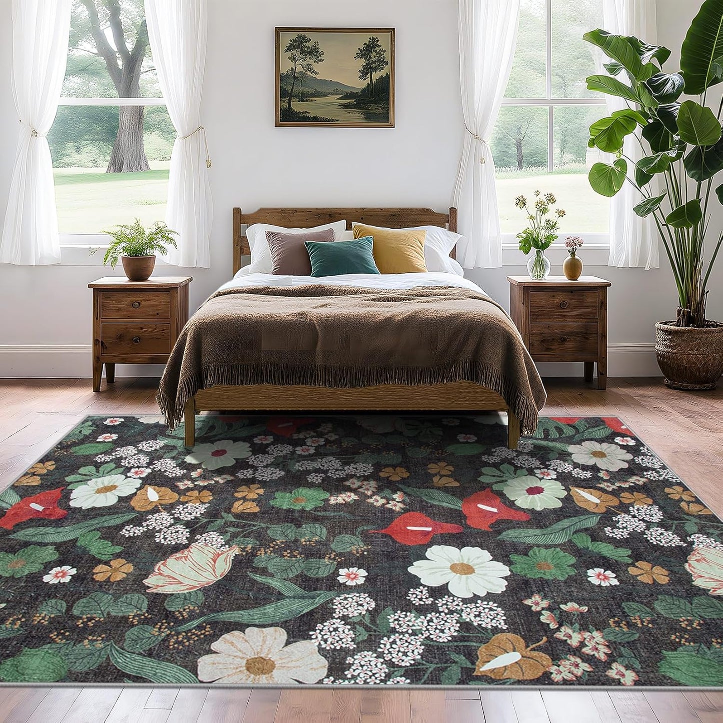 Area Rug Living Room Rugs: 5x7 Washable Rug Vintage Floral Soft Boho Non Slip Carpet Indoor Floor Non Shedding Low Pile Thin Carpets for Bedroom Dining Room Farmhouse Nursery Home Office Green