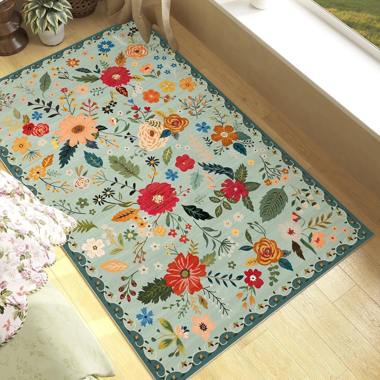 3x5 Area Rug, Floral Green Washable Rug for Entryway, Non Slip Flower Area Rugs, Soft Low Pile Indoor Doormat Small Carpet, Rugs for Living Room Bedroom Nursery Kitchen Dining Room, Sage Green