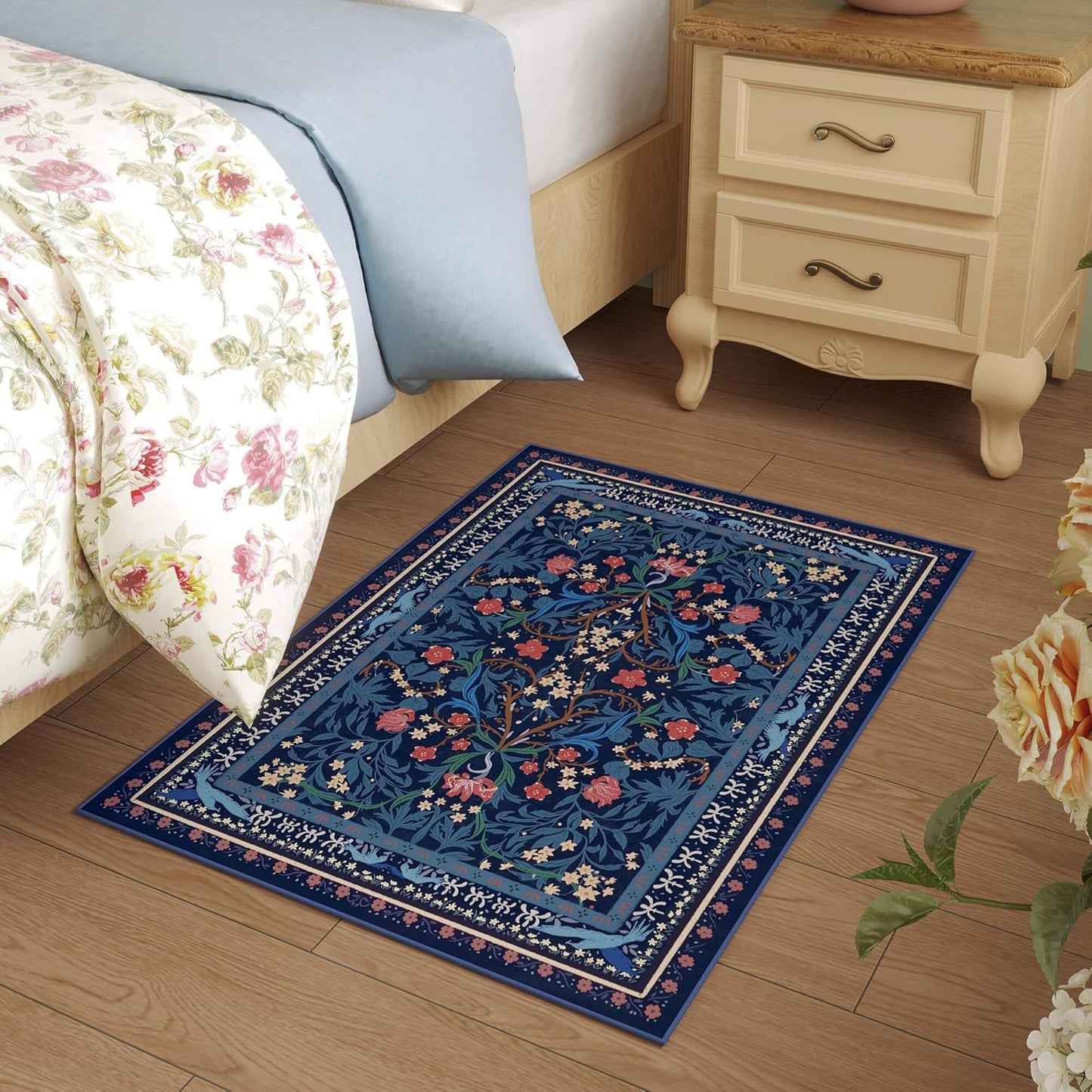 Door Mat Indoor Entrance 2x3 Rug Machine Washable Vintage Floral Botanical Small Area Rug Non-Slip Low Pile Throw Rugs for Entryway, Kitchen, Front Door Entrance, Entry, Kids Room, Blue