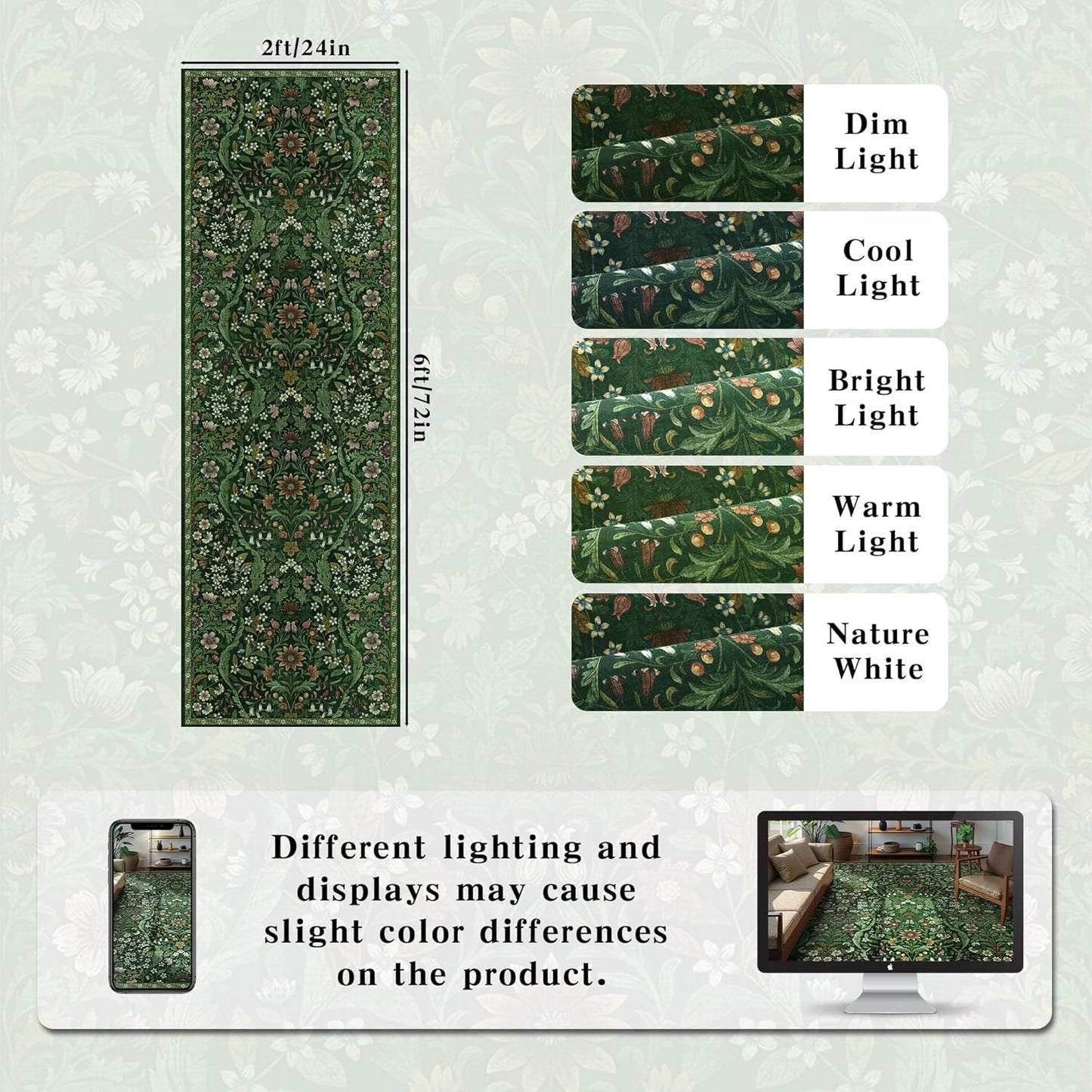 2x6 Washable Runner Rug,Dark Green Floral Boho Area Rug for Hallway,Low-Pile Non-Slip Stain Resistant Carpet for Kitchen, Bedside,Laundry Room,Entryway