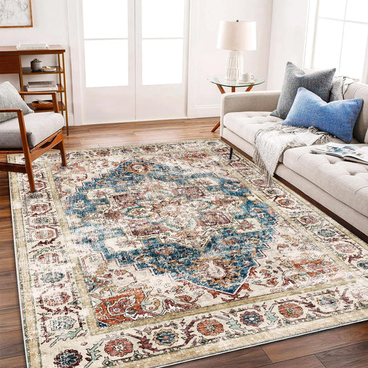 Washable Vintage Area Rug 6'x9' Boho Beige Blue Chic Medallion Distressed Design Non-Shedding Easy Care Ideal for High Traffic Areas in Living Room Bedroom Kitchen Office Large Carpet