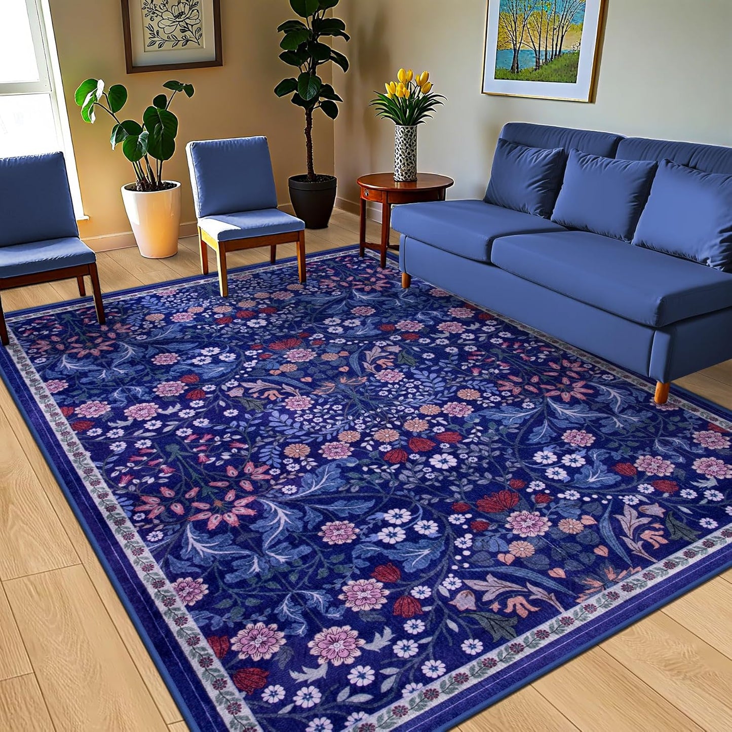 Area Rugs 9x12 Living Room: Floral Washable Rug Vintage Large Soft Boho Non-Slip Carpet Indoor Floor Stain Resistant Low Pile Carpets for Bedroom Dining Room Farmhouse Nursery Home Office Blue