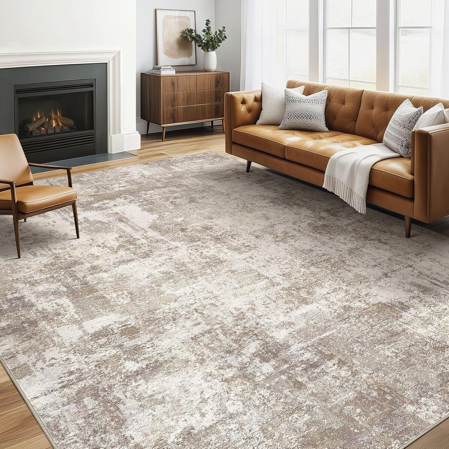 5x7 Area Rugs Living Room: Washable Large Abstract Soft Rug Stain Resistant Indoor Floor Non-Slip Accent Carpet for Women Modern Home Enthusiasts Aged 25-45 - Bedroom Nursery Playroom- Beige Brown