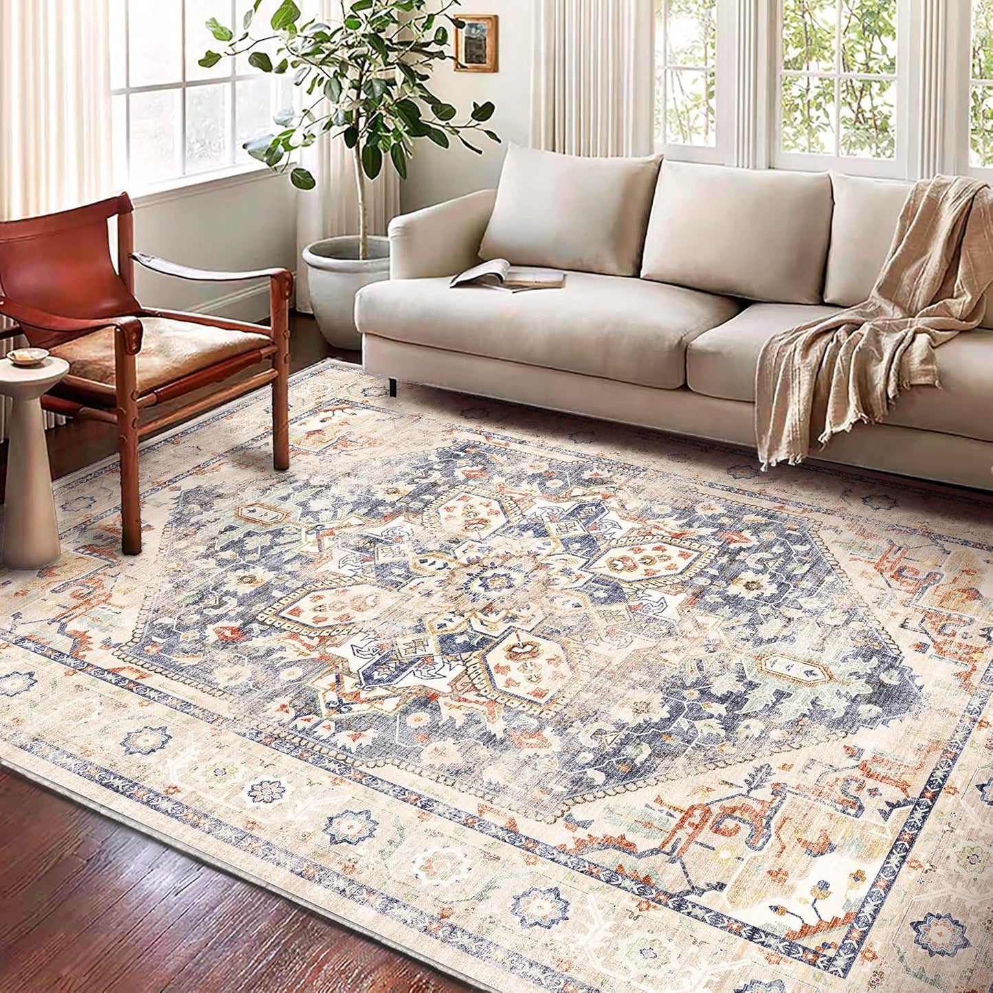 Washable Area Rug 10'x14' Blue Khaki Retro Flowers Boho Design Non-Shedding Easy Care Ideal for High Traffic Areas in Living Room Bedroom Office Coffee Table Kitchen Large Carpet