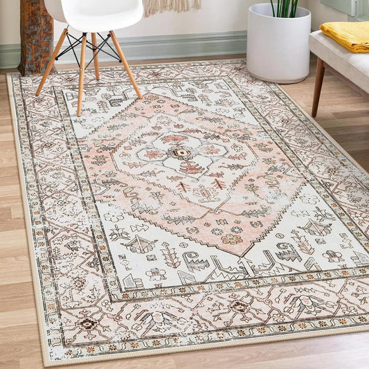 Lahome Boho Washable Living Room Area Rug - 3x5 Small Pink Rugs for Bedroom Non-Slip Throw Nursery Kids Room Rug, Vintagel Print Carpet Rug for Kitchen Office Bathroom Laundry Room (Pink, 3'x5')