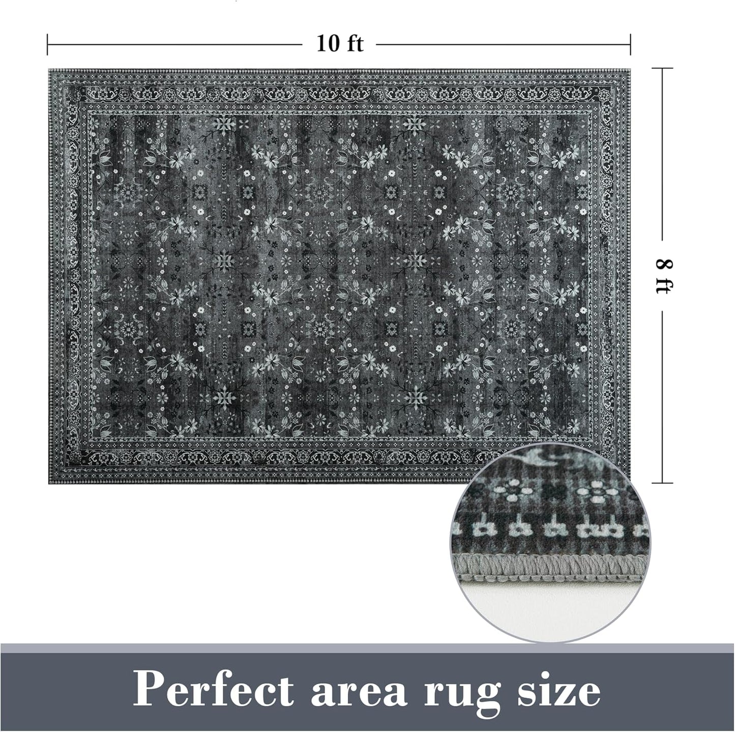 Large 8x10 Washable Area Rug for Living Room, No Shedding Vintage Floral Rugs Non Slip, Indoor Thin Retro Accent Carpet for High Traffic Areas Bedroom Farmhouse Dining Room Black/Gray