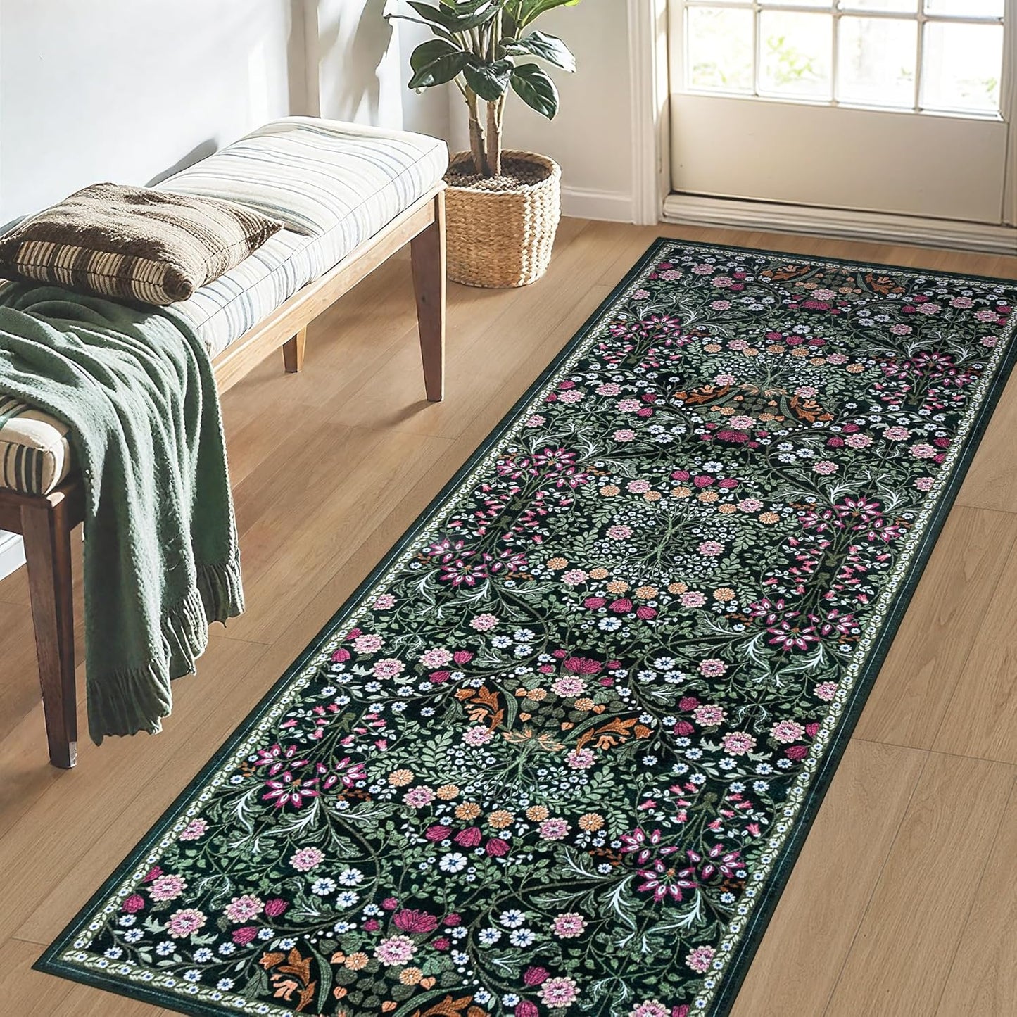 Runner Rug for Entryway: 2x6 Kitchen Rugs Non Slip Washable Ultra-Thin Soft Floral Carpet Indoor Floor Stain Resistant Carpets for Hallway Bedroom Kitchen Laundry Bathroom Dorm Dark Green