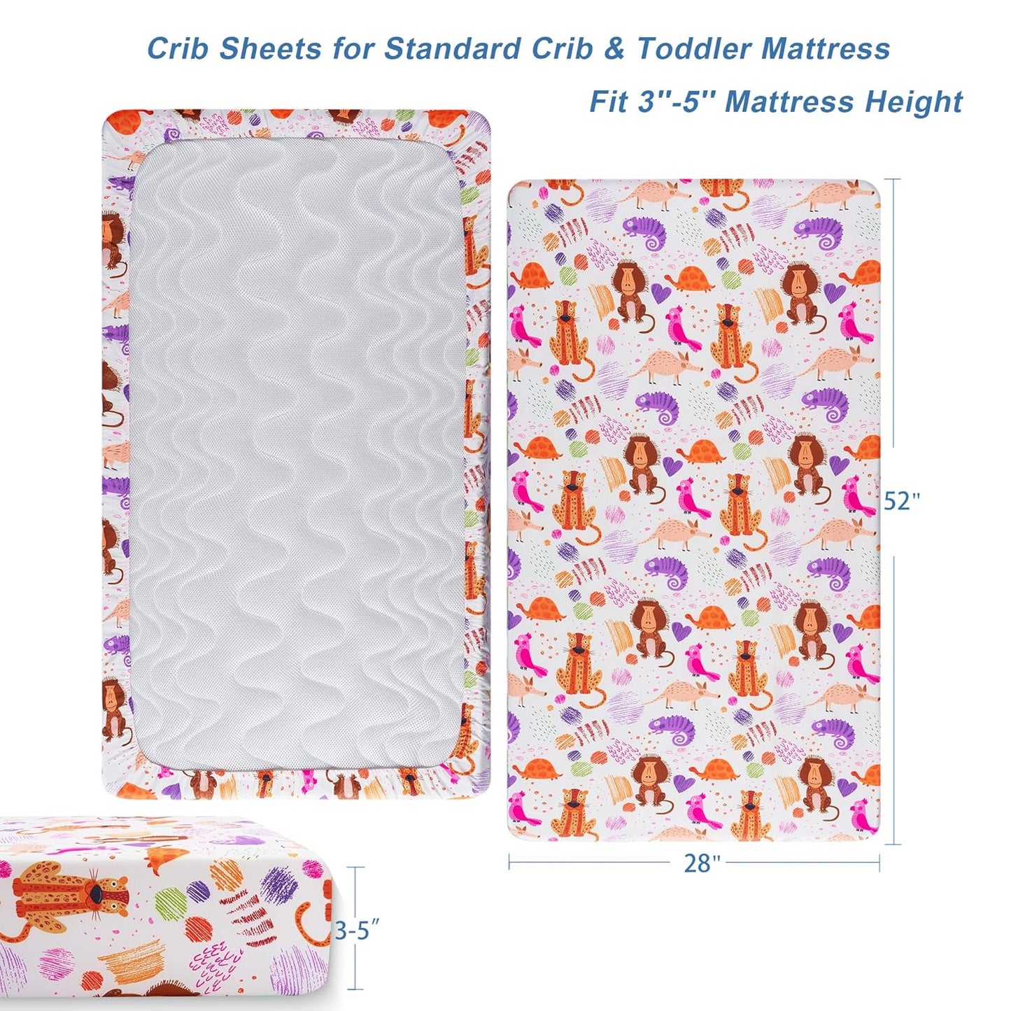 TILLYOU Baby Crib Sheets for Boys Girls, Super Soft Toddler Bed Sheets, 2 Pack Sheets for Standard Crib Mattress 28x52in, Animal Graffiti