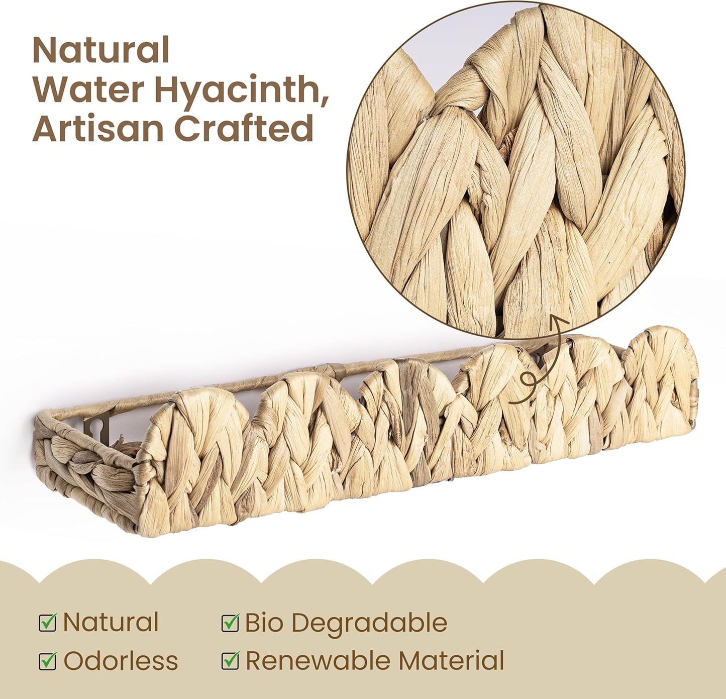 AELS Scalloped Nursery Bookshelf, Set of 2, Picture Ledge Shelf for Wall Decor, Woven Natural Water Hyacinth Floating Shelves for Books, Toys, Photo Frames, Nursery, Boho Modern Farmhouse Book Shelf