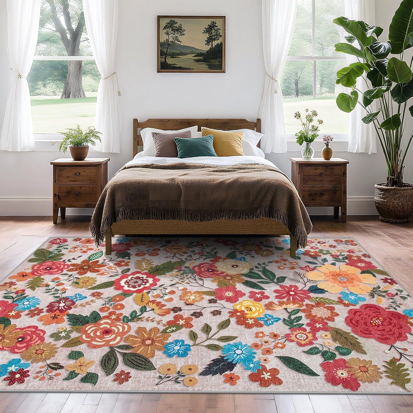 Area Rug Living Room Rugs: 6x9 Washable Rug Vintage Floral Soft Boho Non Slip Carpet Indoor Floor Non Shedding Low Pile Thin Carpets for Bedroom Dining Room Farmhouse Nursery Home Office Beige