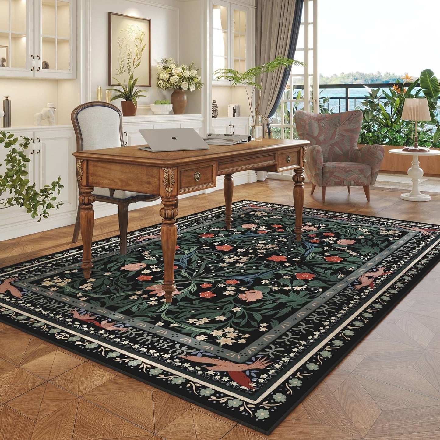 Area Rugs 8x10 for Living Room Clearance Washable Vintage Floral Botanical Rug Non Slip Low Pile Large Rug for Bedroom, Farmhouse, Dining Room, Kids Playroom, Black