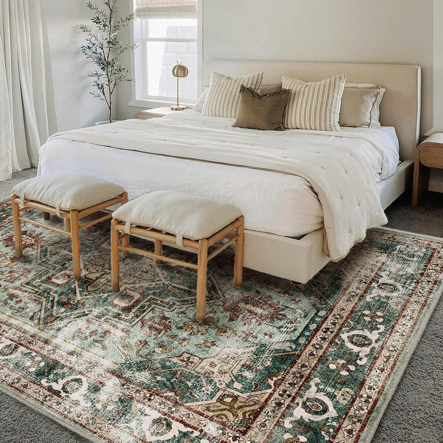 Washable Area Rug 5'x7' Green Retro Boho Chic Medallion Distressed Design Living Room Indoor Non-Slip Large Oriental Accent Throw Rugs for Kitchen Bedroom Office Carpet