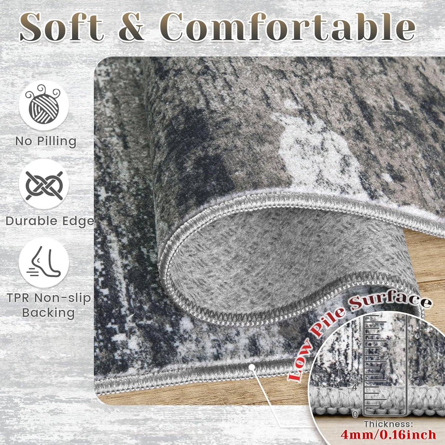 Washable Rug 6x9 Area Rugs for Living Room: Neutral Soft Rug Abstract Non Slip Low Pile Modern Carpet for Bedroom Kitchen Nursery Office Dining Room Indoor (Black, 6'x9')